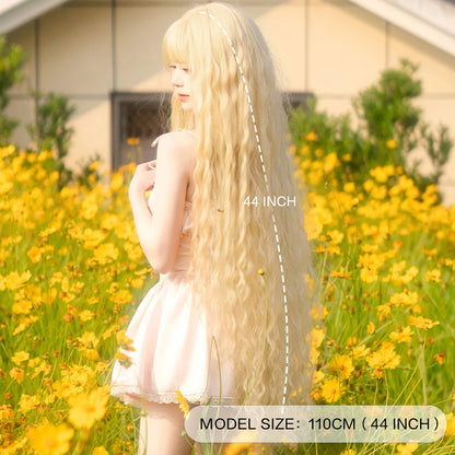 PARK YUN Extra Long Blonde Cosplay Wigs With Bangs Loose Long Curly Blonde Lolita Wig Synthetic Heat Resistant  Wig 44 Inch