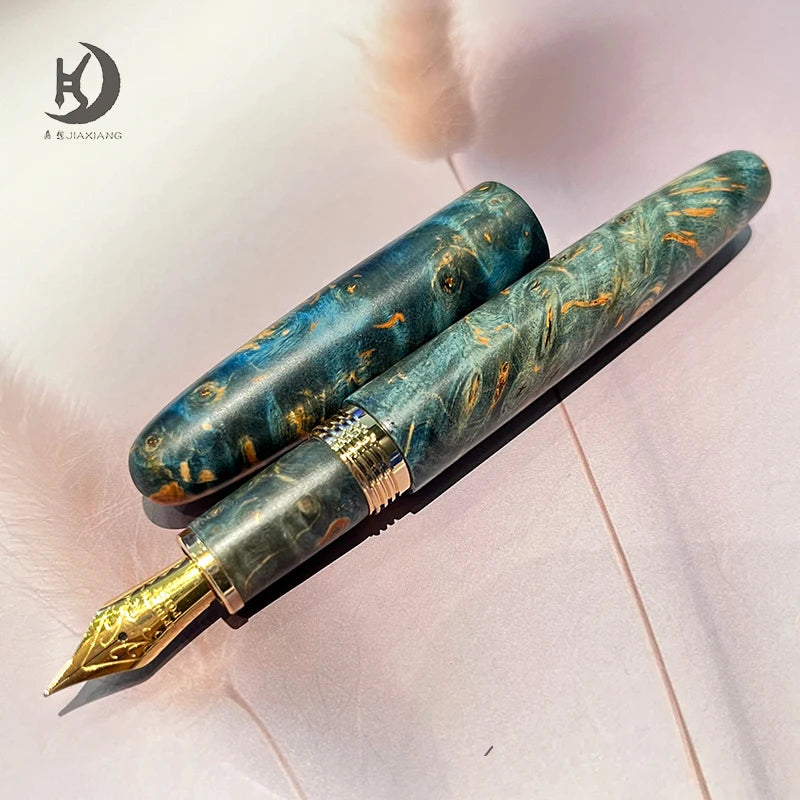 Natural Stabilized Wood Fountain Pen, Fine Nib Carving Handcraft Pen with Converter (Grass Green/Red/Blue)
