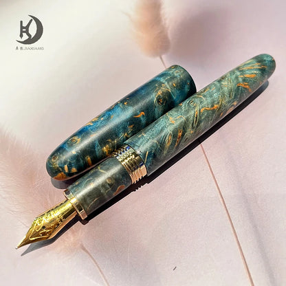 Natural Stabilized Wood Fountain Pen, Fine Nib Carving Handcraft Pen with Converter (Grass Green/Red/Blue)