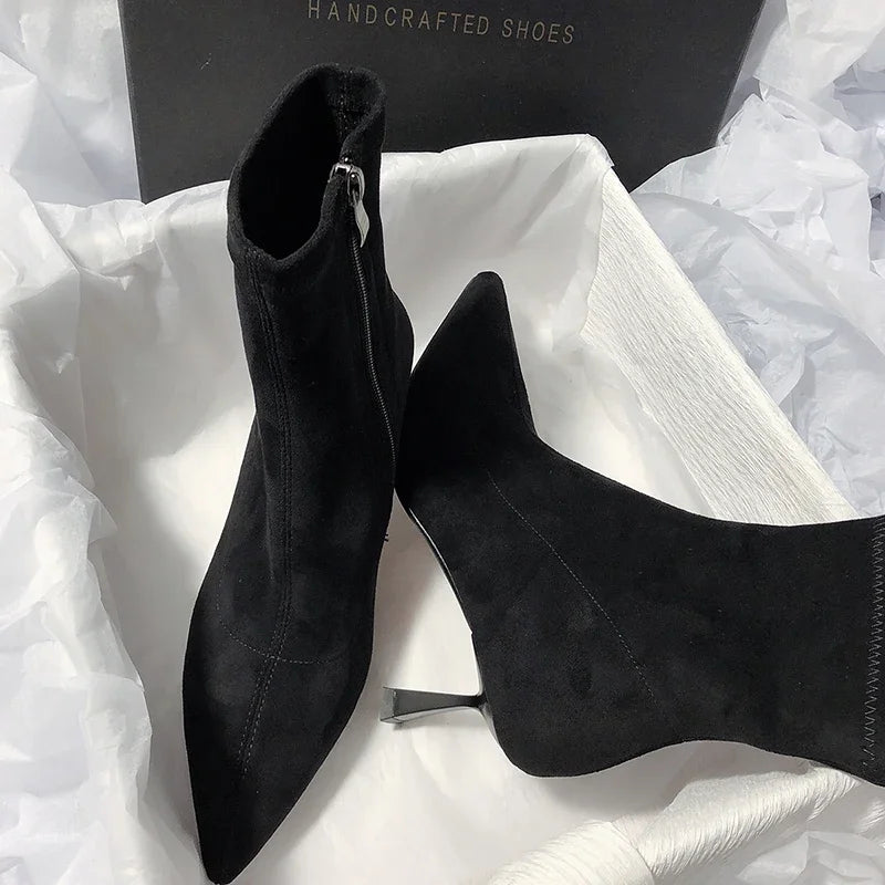 Pointed Toe Women Sock Short Boots Fashion Side Zippers Slim Ankle Booties Thin High Heel Autumn Winter Ladies Shoes