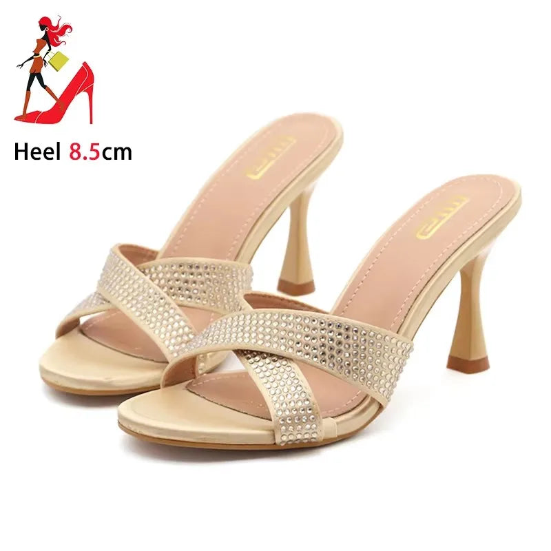 Rhinestone Slippers For Woman 2025 New Elegant Party Shoes Summer Thin High Heeled Slides Fashion Women Sandals Zapatos Mujer