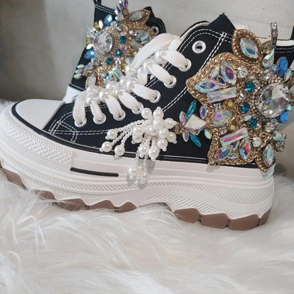 Thick-bottomed Canvas for Women Crystal Fringed High-top Platform Shoes Handmande Fashion 5cm High Heel  ADULT  Luxury Shoes