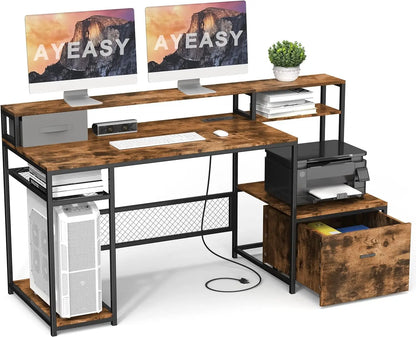 Home Office Desks with Drawers, 66'' Computer Desk with Storage, Office Desk with Monitor Stand, Work Desk with, Customized