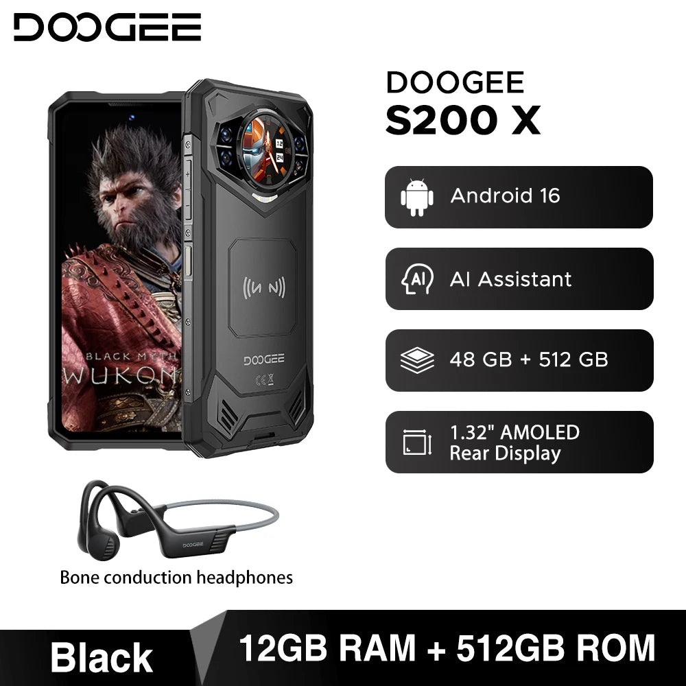 DOOGEE S200 X 5G Rugged Phone 48GB 512GB Dimensity 7050 6.72” FHD+120Hz 10100mAh 100MP Camera Android 16 NFC Smartphone