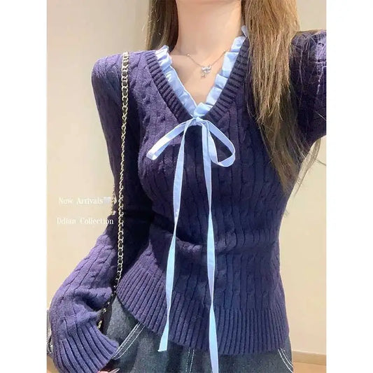 Women Clothing Autumn Winter Fashion Simplicity All-match Fashionable Screw Thread Solid Color V-neck Knitting Pullovers Sweater