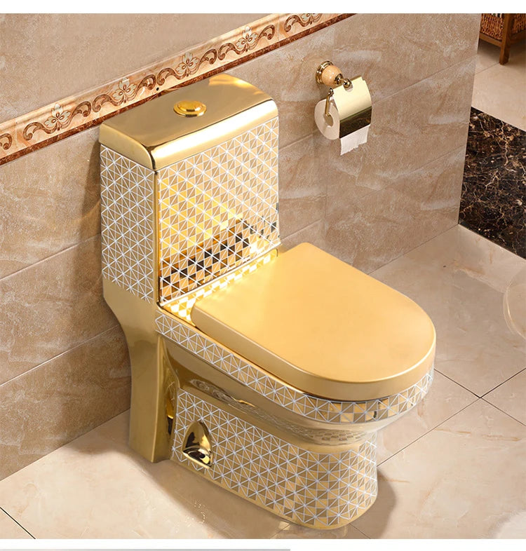 E136  Golden Toilet,Modern One-Piece Ceramic Toilet Bowl With S-Trap Drainage Dual-Flush Floor Mounted White Gold Color