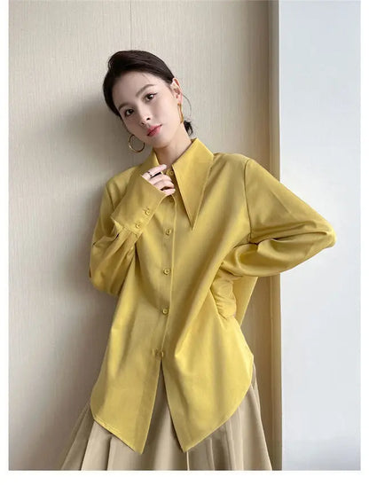 Spring Autumn New Elegant Long Sleeve Loose Shirt Tops Solid Color All-match Fashion Blouse Temperament Korean Women Clothing