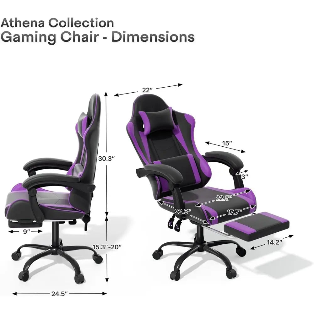 Purple Ergonomic Gaming Chair with Adjustable Height, Footrest, Headrest, and Lumbar Support for Kids and Adults