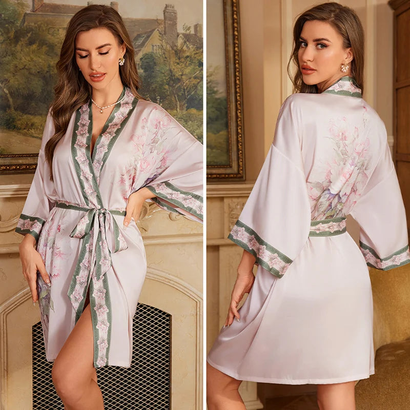 Navy Blue Print Flower Robe Nightgown Silk Satin Female Sleepwear Nightdress Spring Summer Loose Kimono Bathrobe Gown Home Wear