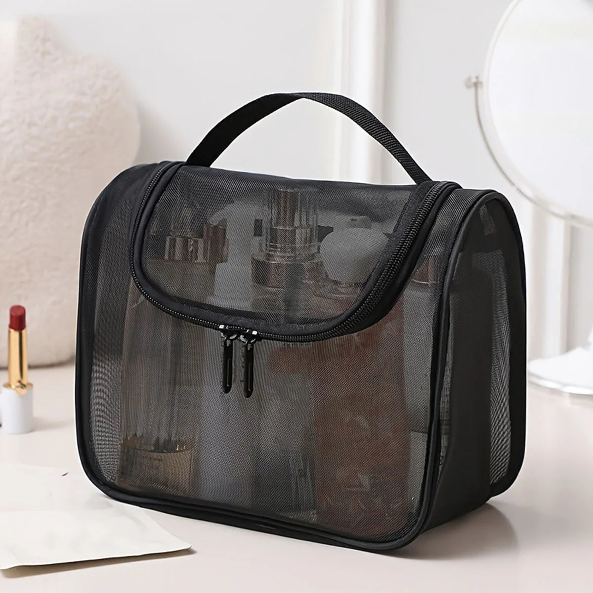 New Multi-functional Toiletries Bag Curved Nylon Mesh Portable Makeup Bag Women's Large Capacity Cosmetics Storage Bag