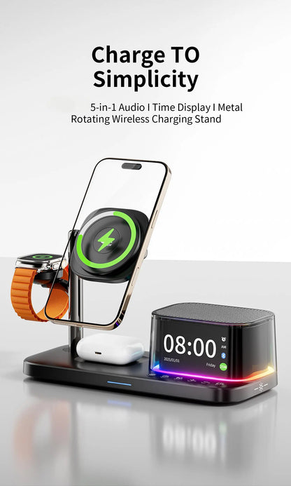 25W QI2 Wireless Charger with Wireless Speaker Digital Clock 3 in 1 Wireless Magnetic Charger for Iphone17 Charger Fast Charging