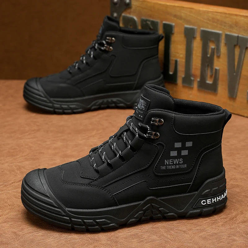 Original Black Leather Ankle Boots For Men Outdoor Non-slip Work Boots Men's Motorcycle Boots Platform High Top Bikers Shoes Man
