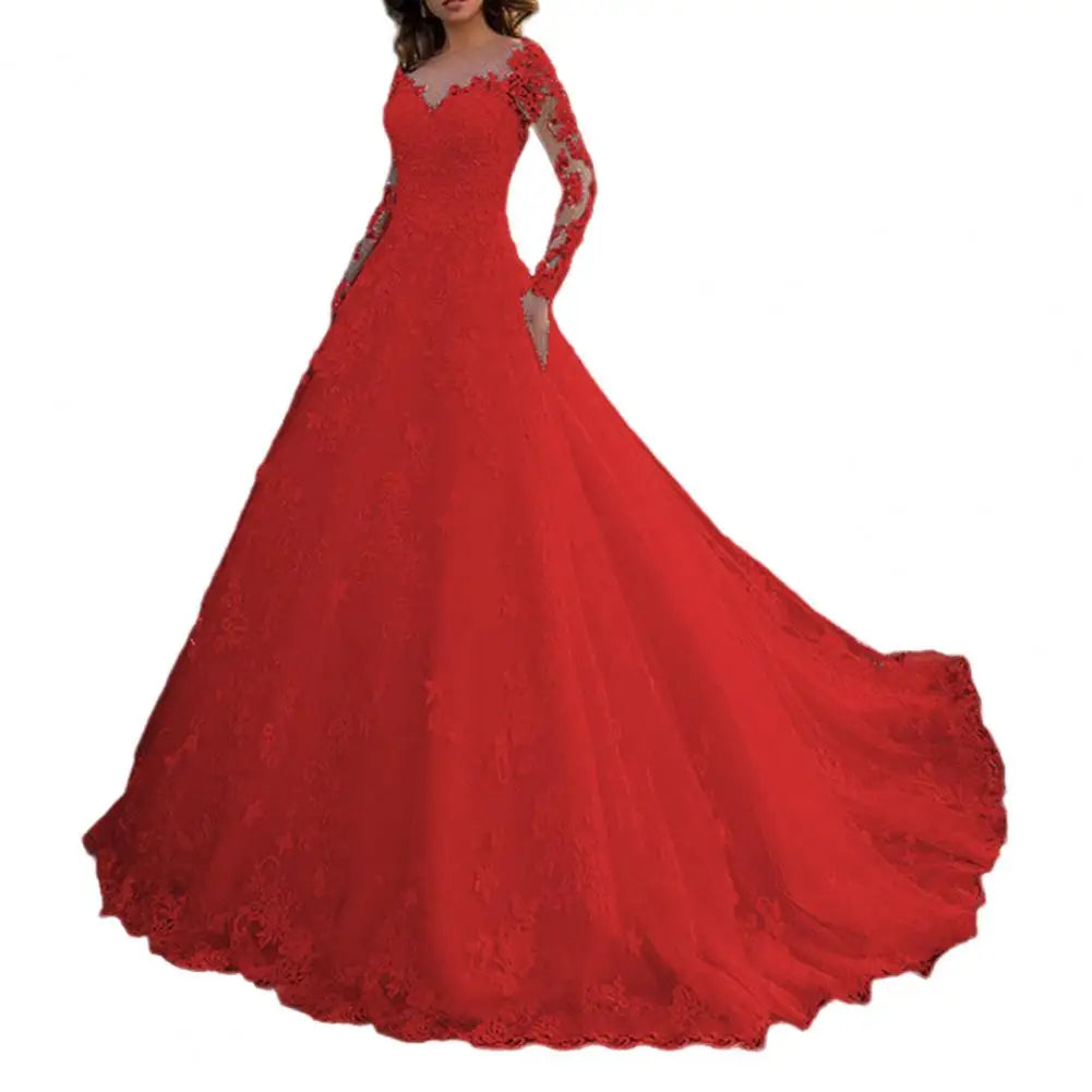 Detail Lace Cocktail Party Dress Floral Embroidere Maxi Dress Women Wedding Bride Dress Lace Long Sleeve Back Zipper Lace