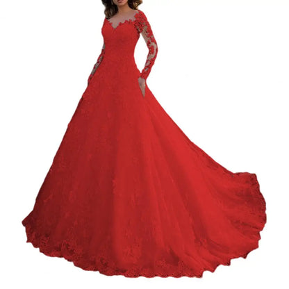 Detail Lace Cocktail Party Dress Floral Embroidere Maxi Dress Women Wedding Bride Dress Lace Long Sleeve Back Zipper Lace