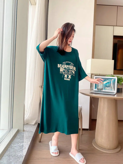 New Casual Sleepwear Woman Night Dress Lounge Home Wear Clothes Printed Short Sleeve Female Nightgowns Cotton Loose Nightshirt