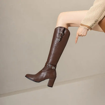 Girseaby British Style Women Knee High Boots Round Toe Block Heel 7.5cm Zipper Plus Size 51 52 Fashion Riding Bota