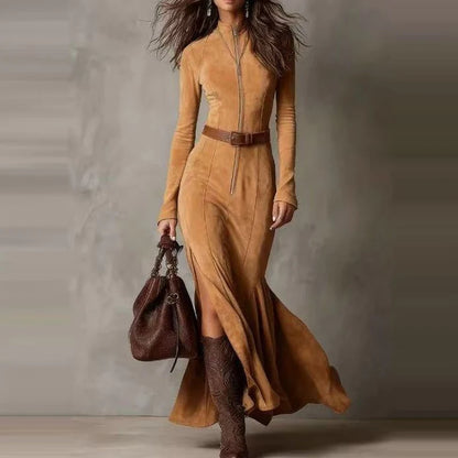 Casual O-neck Long Sleeve Suede Party Dress Elegant Side Split Solid Slim Long Dress Women Fashion With Belt Tie-Up Maxi Dress