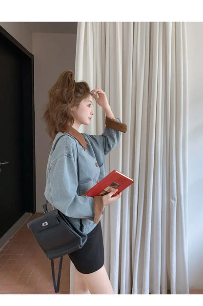 Women Clothing Autumn Fashion Korean Button Color Blocking Polo Collar Female All-match Fashionable Pocket Appear Thin Cardigan