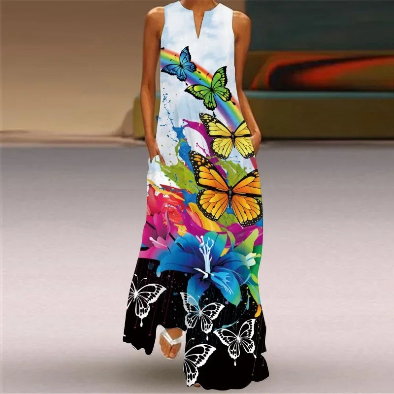 Fashionable V-Neck Sleeveless Long Digital Print Dress with Pocket Summer Sexy XL Women's Clothing Loose Waist Ankle-Length