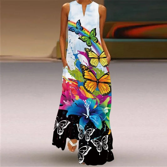 Fashionable V-Neck Sleeveless Long Digital Print Dress with Pocket Summer Sexy XL Women's Clothing Loose Waist Ankle-Length
