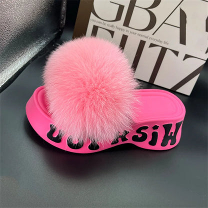 Real Fox Fur Slippers for Woman Luxury 2025 Slippers Summer Woman Sandals Thick Sole Pink Fur Slippers Fluffy Slides for Woman