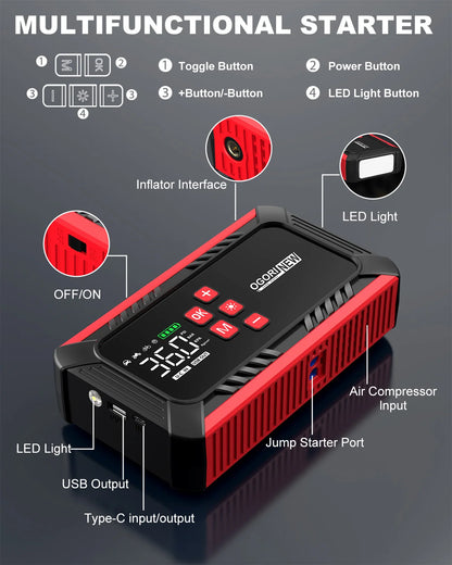 Jump Starter with Air Compressor 150PSI, 7000/8000A Portable Car Battery Booster (All Gas/16L Diesel)