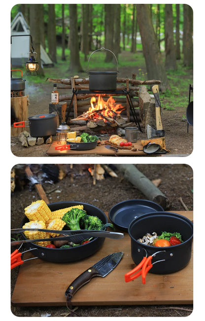 Camping Cooking Set, Outdoor Kitchenware Set, Aluminum Portable Tableware Kitchenware POTS Bowls Kettles Hiking Picnic Equipment