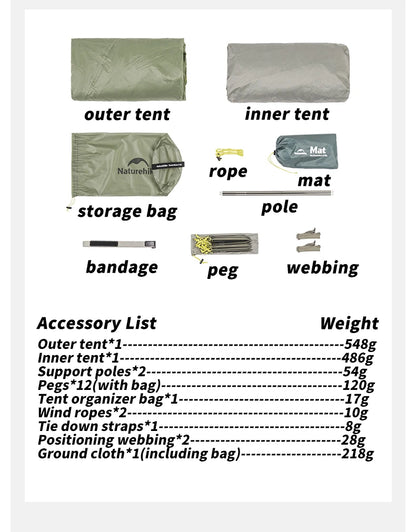 Naturehike Ultra Light Hiking Tent 2 Person Outdoor Camping Pyramid Tent 15D Nylon Waterproof Portable Backpacking Tent with Mat