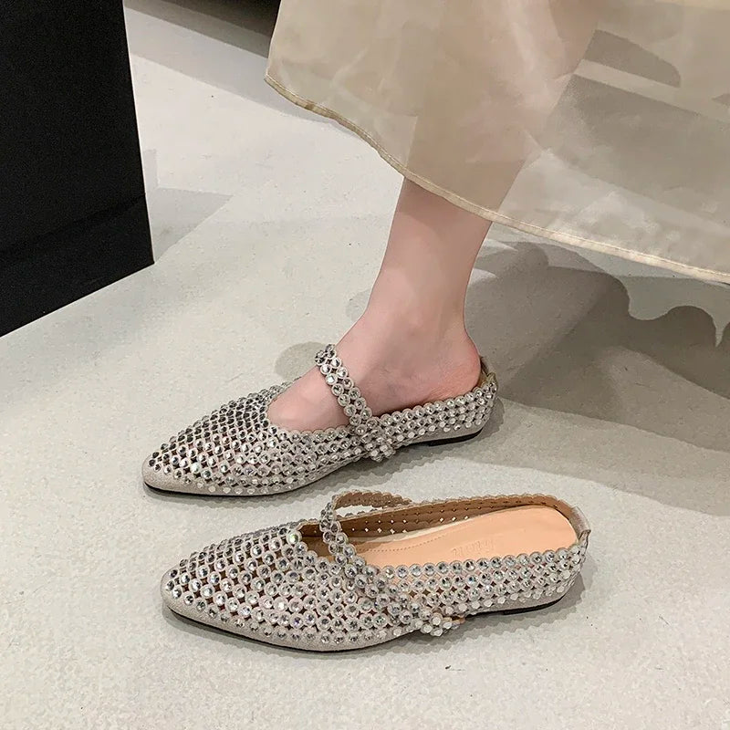 Crystal Women's Pointed Toe Slippers Luxury Flats Sandals Casual Mules Shoes Cozy New Trend Slides Fashion Dress Mujer Zapatos