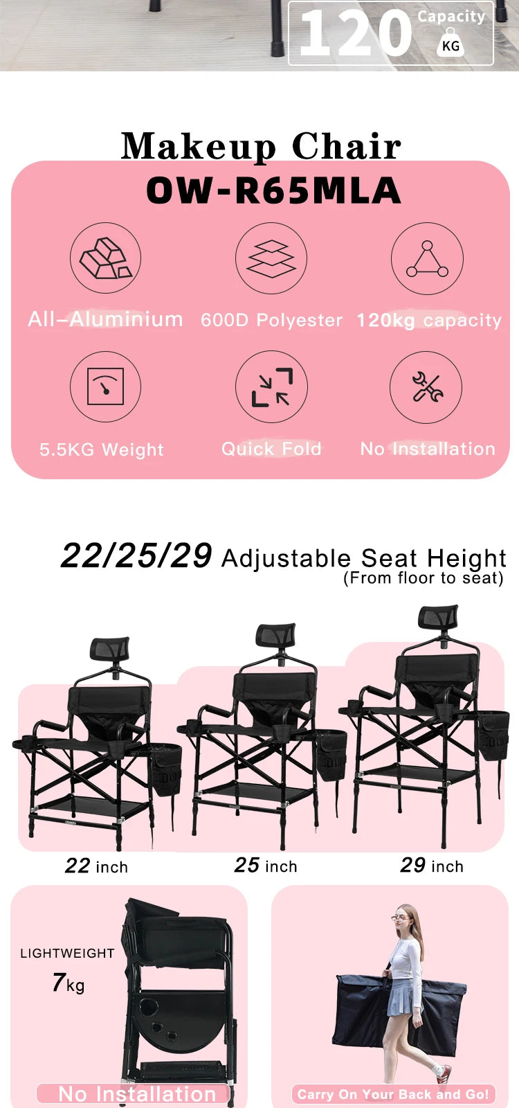 Simpleme Lightweight Aluminum Portable Folding Tall Director Adjustable High Makeup Artist Chair With Headrest