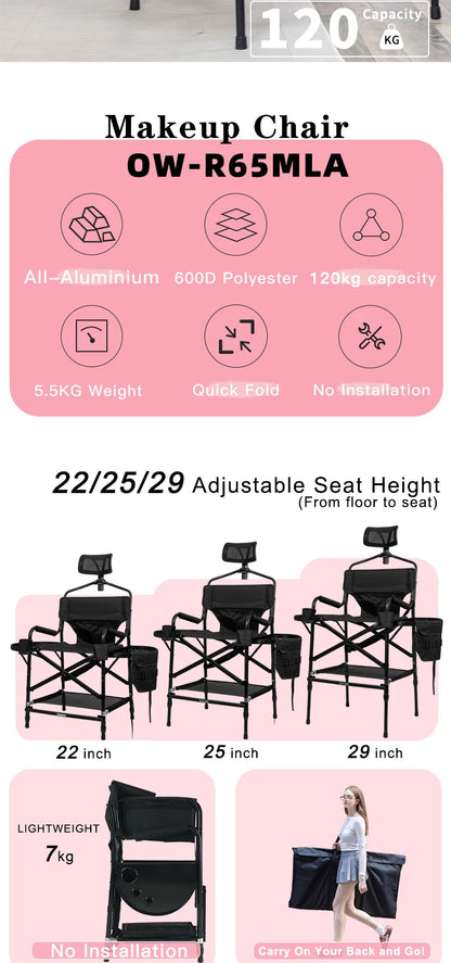 Simpleme Lightweight Aluminum Portable Folding Tall Director Adjustable High Makeup Artist Chair With Headrest