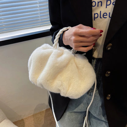 Autumn and Winter Plush Shoulder Crossbody Bag Women's Fashion Pleated Warm Faux Fur Hobos Bag Sweet Small Handbag