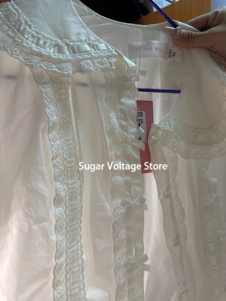 Summer Japanese Lolita Sweet Girls Short-sleeved Tops Women Goth Lace Bow Shirt Single-breasted Blouse Doll Collar Slim Tees New
