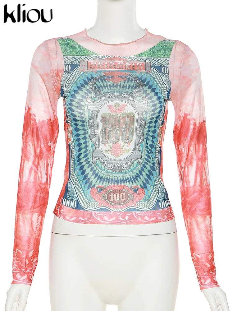 Kliou Mesh Dollar Print Classic T-Shirt Women Casual Aesthetic O-neck Long Sleeve Skinny Tops Hipster Female Gorgeous Attirewear