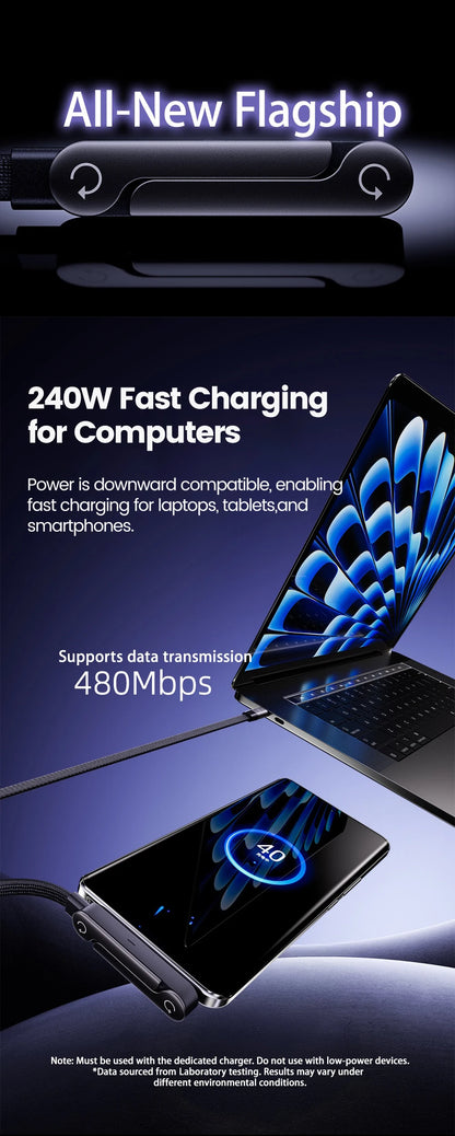 240W 2-in-1 Type C to USB C Fast Charging Data Cable Foldable Phone Holder Type C Fast Charging cabo For iPhone 17 Black/Orange