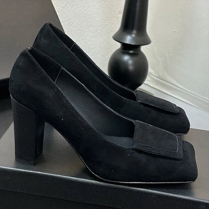 Top quality women's square toe block high heels single shoes Contrasting color design sheepskin fabric leather outsole 25110872