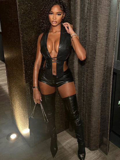 Sisterlinda Backless PU Bandage 2-Piece Set Women Hipster Low Chest Lapel Halter Tank Top+Shorts Sexy Street Midnight Clubwear