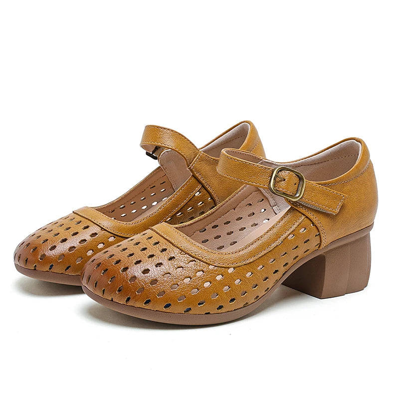 AIYUQI Women Hollow Mary Jane Shoes Genuine Leather Women Sandals Summer Comfortable Middle Aged Mother Shoes
