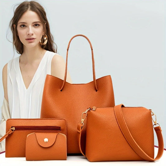 New 4pc Large Capacity Leather Handbag Solid Color Lychee Texture Shoulder Bag Bucket Bag Purse
