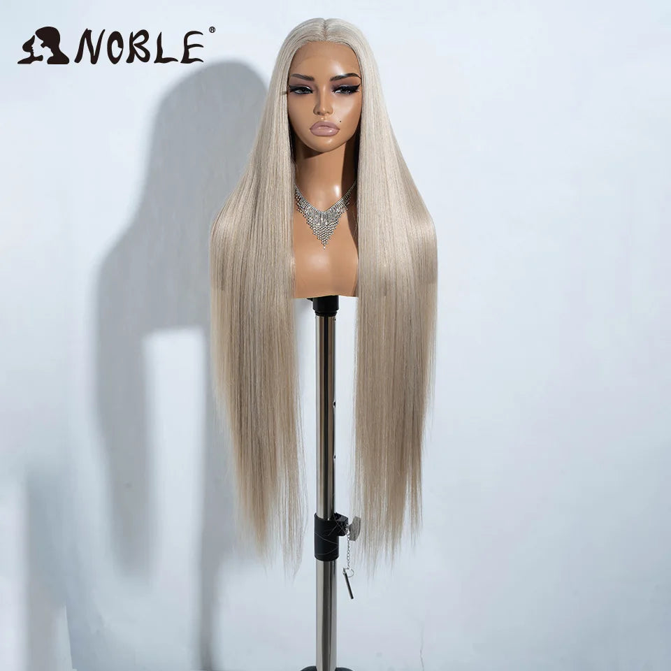 Noble 38 Inch Extra Long Straight Synthetic Lace Front Wig Skunk Stripe Grey White Ombre Glueless Heat Resistant Wig For Women