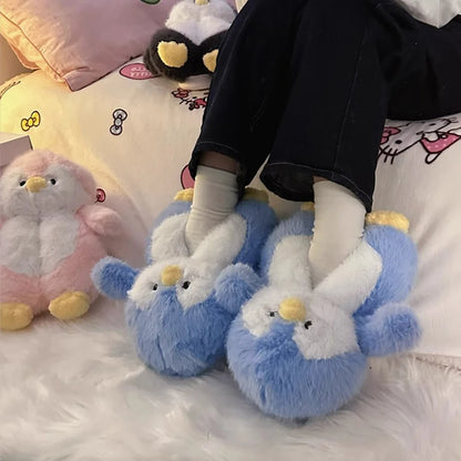 Cute Cartoon Penguin Cotton Slippers Package with Plush Thick Bottom Non-slip Soft Bottom Home Shoes Winter Ladies Indoor Warmth