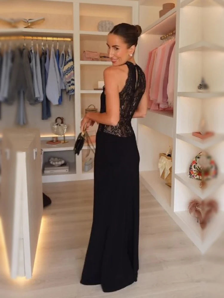 Chic Luxury Black Lace Halter Maxi Dress Women Sexy Sheer Floral Lace Sleeveless Floor Length Bodycon Dresses Evening Party Gown