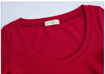 Cotton short sleeved women's T-shirt for summer, slim fit and slimming, versatile waist design, front shoulder, U-neck