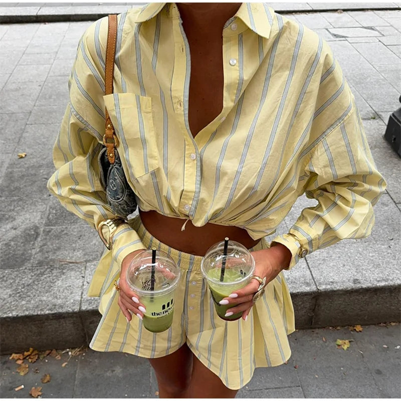 Women's Striped 2 Piece-Set Casual Lapel Long Sleeve Lace-Up Cropped T-Shirt High Waist Shorts 2026 Spring Lady Fashion Outfit