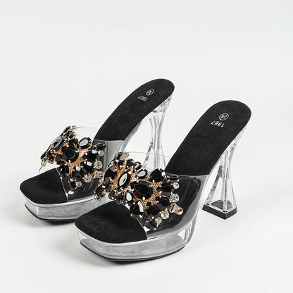 Women Rhinestone Slippers Summer Outside High Heels 2024 New Square Toe Thick Platform Sandals Transparent Shoes Size 43 Mules