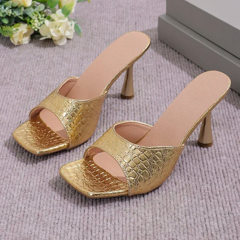 Luxury Gold Silver High Heels Sandals Women 2025 Slip On Square Toe Summer Slippers Woman Plus Size 43 Thin Heeled Party Shoes