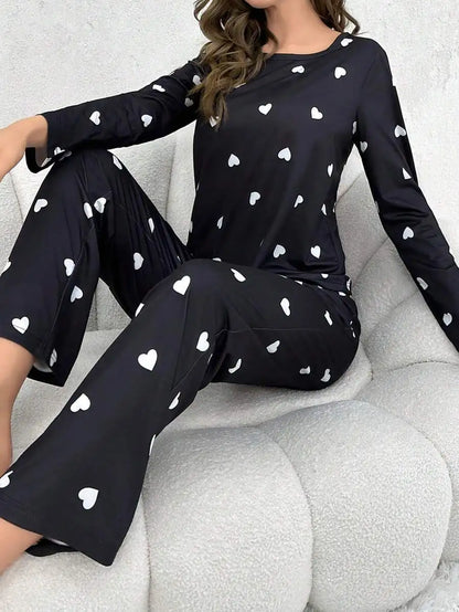 Women's Pajamas Casual Love Print Round Neck Long Sleeve Long Pants Fall and Winter Comfortable Set Girl Sleepwear Homewear