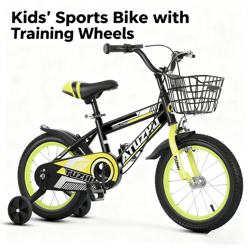 Bright Yellow Sports Style Children's Bicycle - 14 Inch 16 Inch 18 Inch Pedal Bikes for Boys And Girls Aged 3-9 Years Old