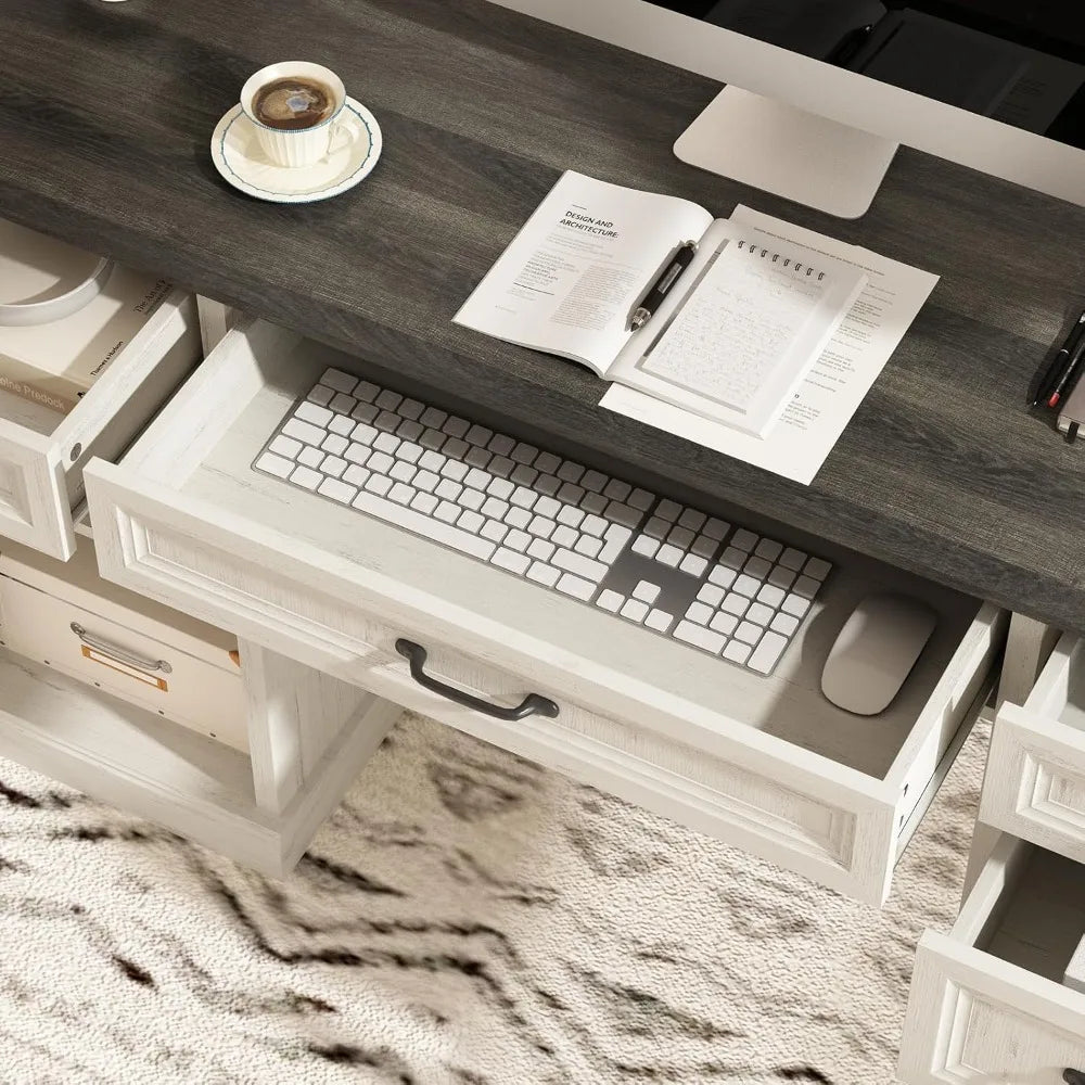 58'' Farmhouse Executive Desk with Drawers, Home Office Desk with File Drawer and Storage Cabinet, Rustic Computer Desk