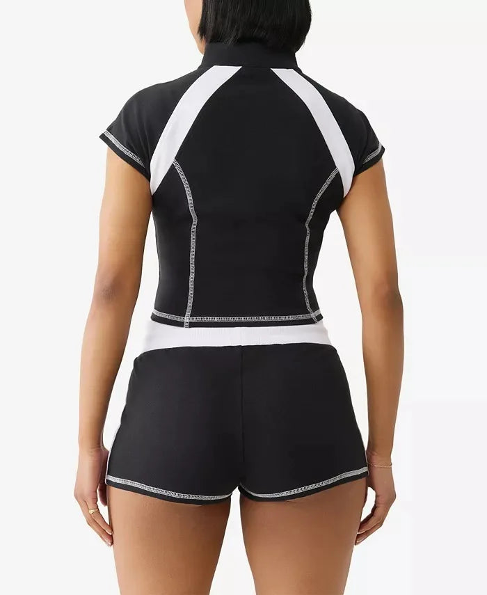 2025 Summer European and American Street Spice Girl Style Zipper Cardigan Slim Casual Sports Short-sleeved T-shirt Top Set